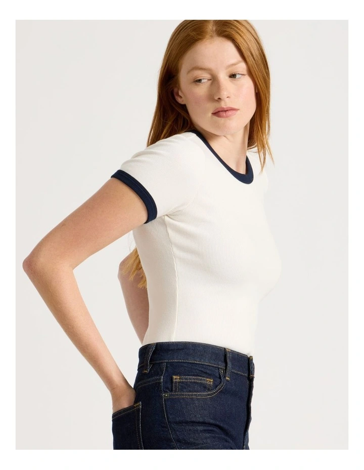 Slim Fit Ringer Tee in White & Navy image 5