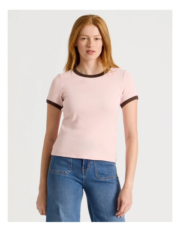 Slim Fit Ringer Tee in Pink & Brown image 2