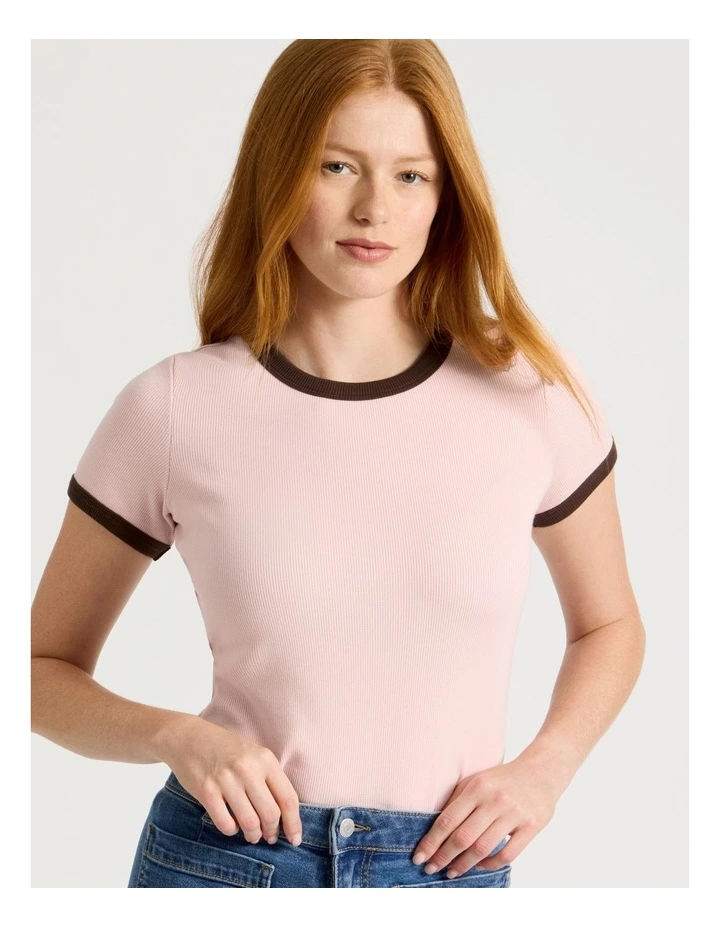 Slim Fit Ringer Tee in Pink & Brown image 5