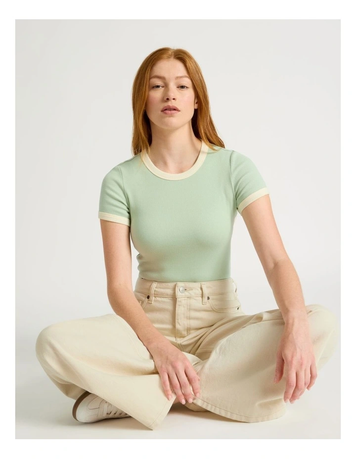 Slim Fit Ringer Tee in Green & Yellow image 1