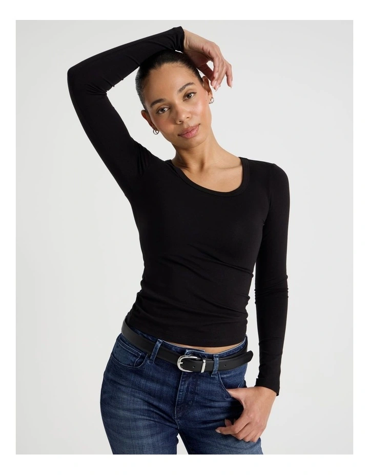 Long Sleeve Scoop Neck Tee in Black image 1