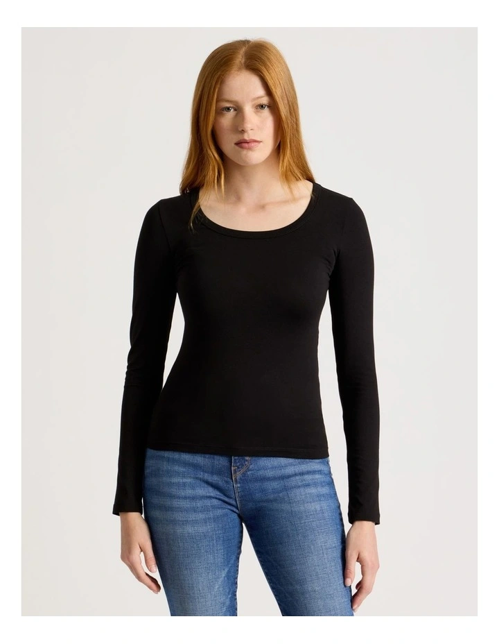 Long Sleeve Scoop Neck Tee in Black image 1