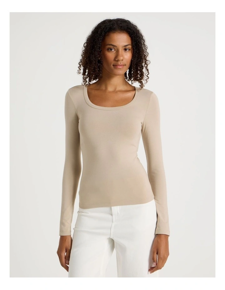 Long Sleeve Scoop Neck Tee in Oat image 1