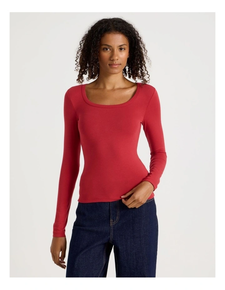 Long Sleeve Scoop Neck Tee in Cherry Red image 3