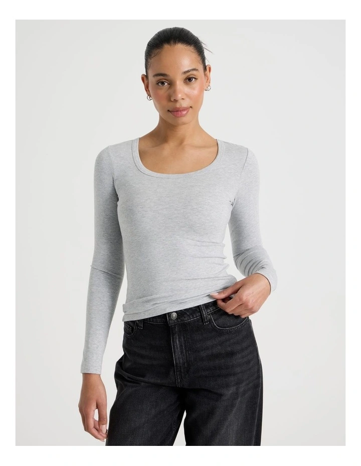 Long Sleeve Scoop Neck Tee in Light Heather Grey image 1