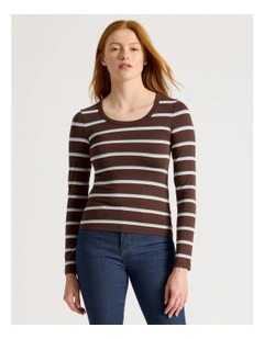 Long Sleeve Scoop Neck Tee in Brown Stripe