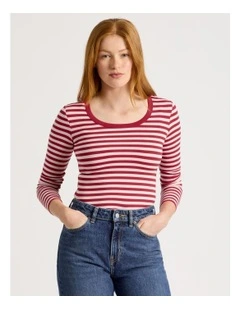 Long Sleeve Scoop Neck Tee in Red Stipe