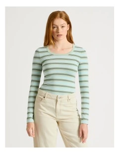Long Sleeve Scoop Neck Tee in Green and Blue Stripe