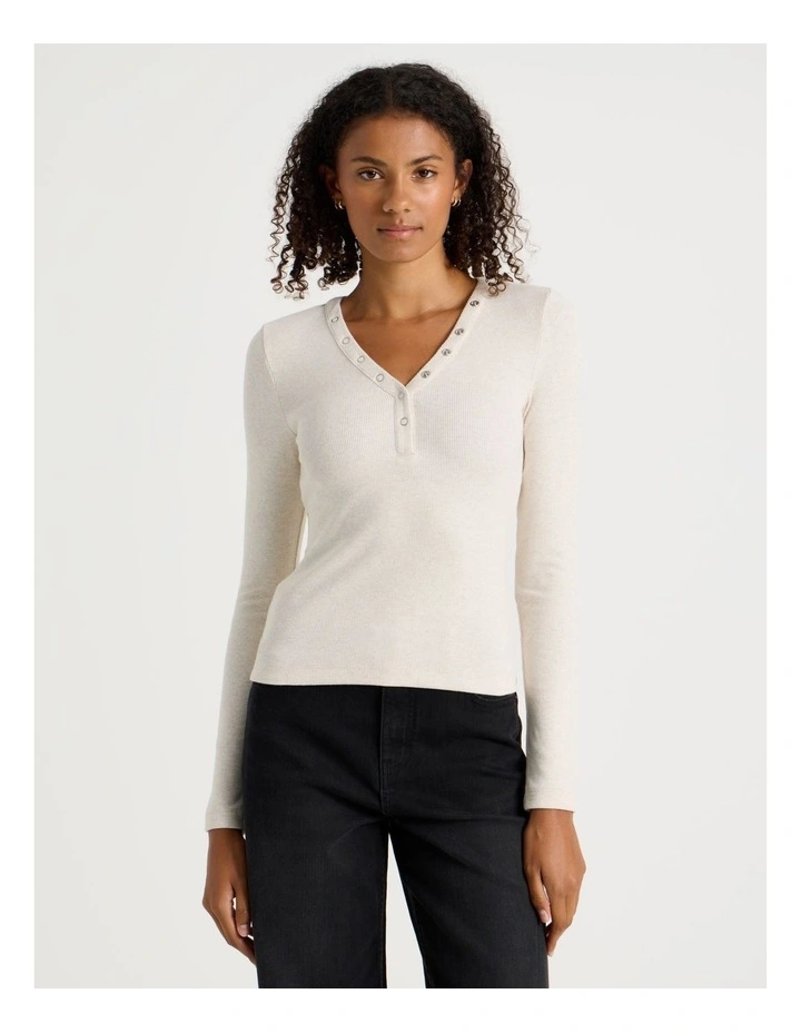 Long Sleeve Henley in Oat Marle image 3