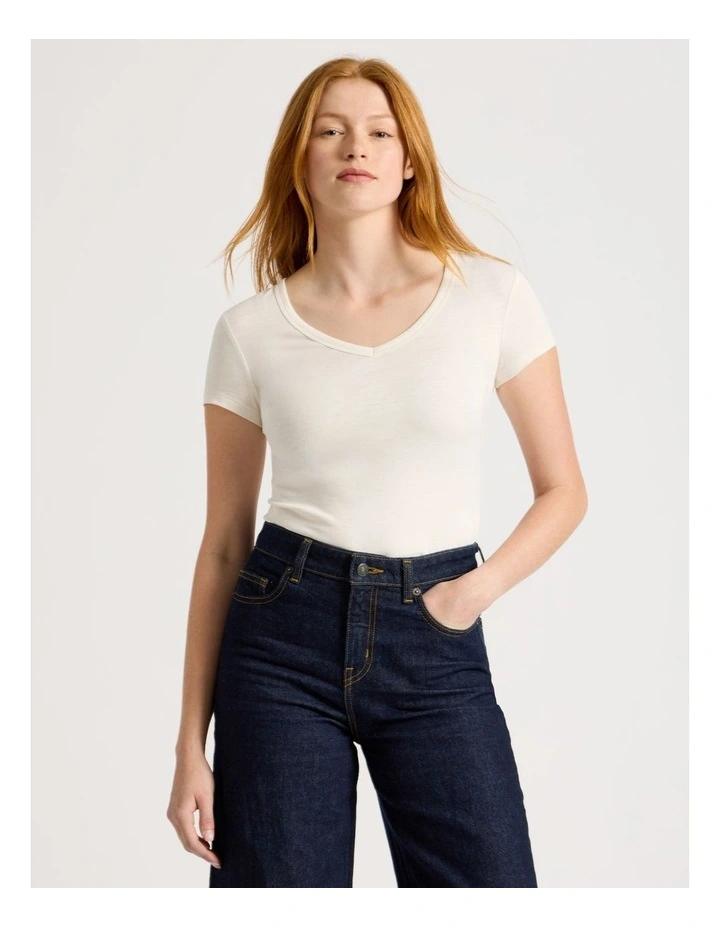 Slub V Neck Tee in Off White image 1