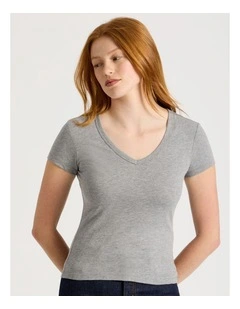 Slub V Neck Tee in Charcoal Marle