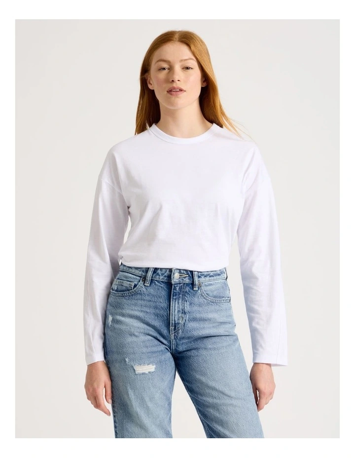 Slub Long Sleeve Boxy Tee in White image 1