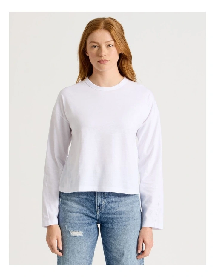 Slub Long Sleeve Boxy Tee in White image 3