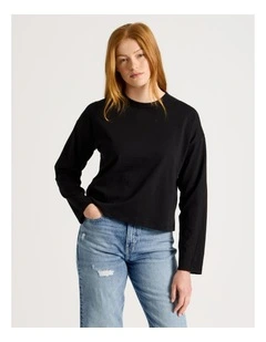 Slub Long Sleeve Boxy Tee in Black