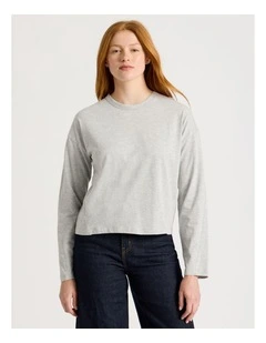 Slub Long Sleeve Boxy Tee in Light Heather Grey
