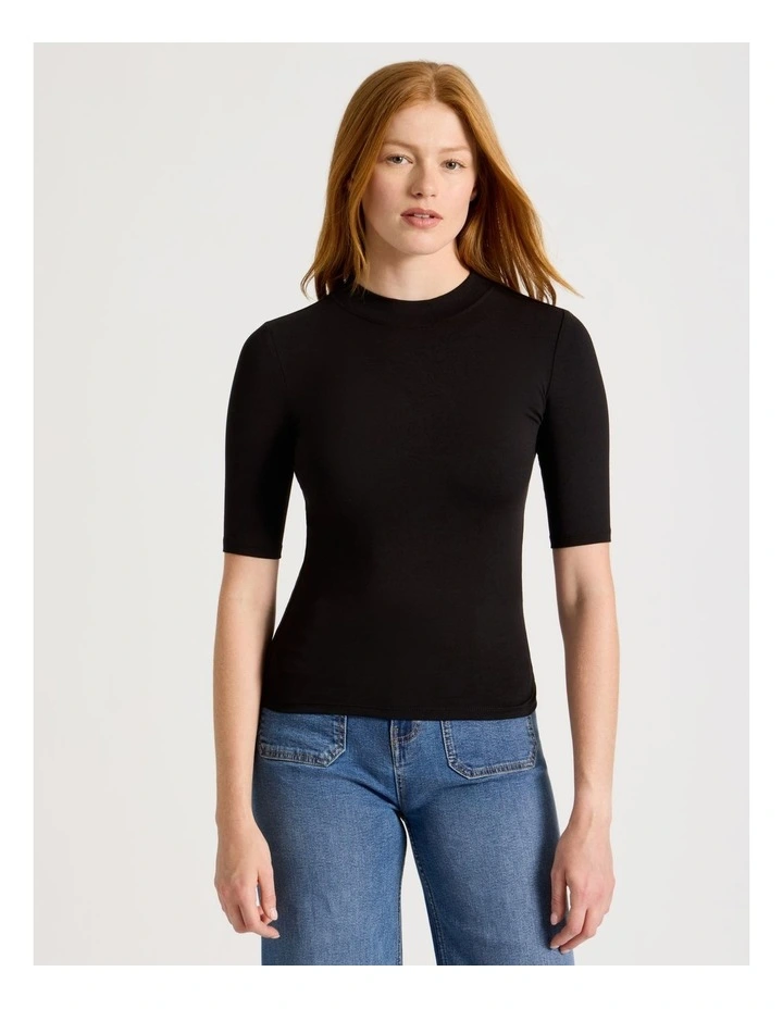 1/2 Sleeve Mock Neck Tee in Black image 1