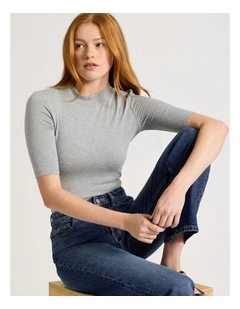 1/2 Sleeve Mock Neck Tee in Charcoal Marle