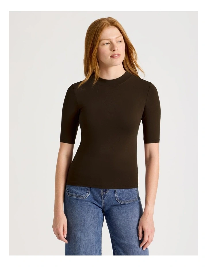 1/2 Sleeve Mock Neck Tee in Brown image 4