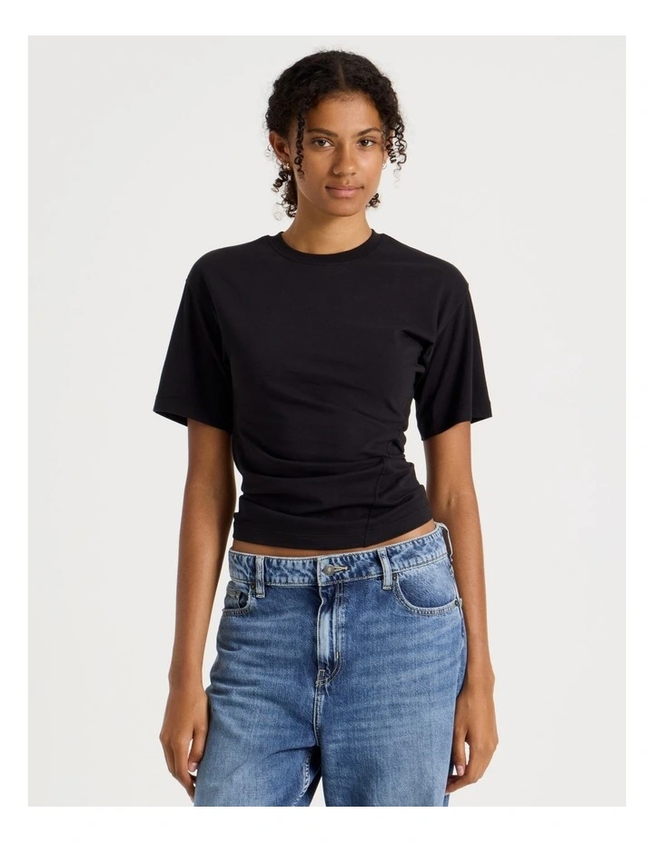 Asymmetrical Gathered Tee in Black image 2