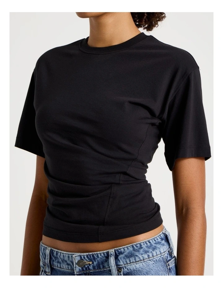 Asymmetrical Gathered Tee in Black image 7