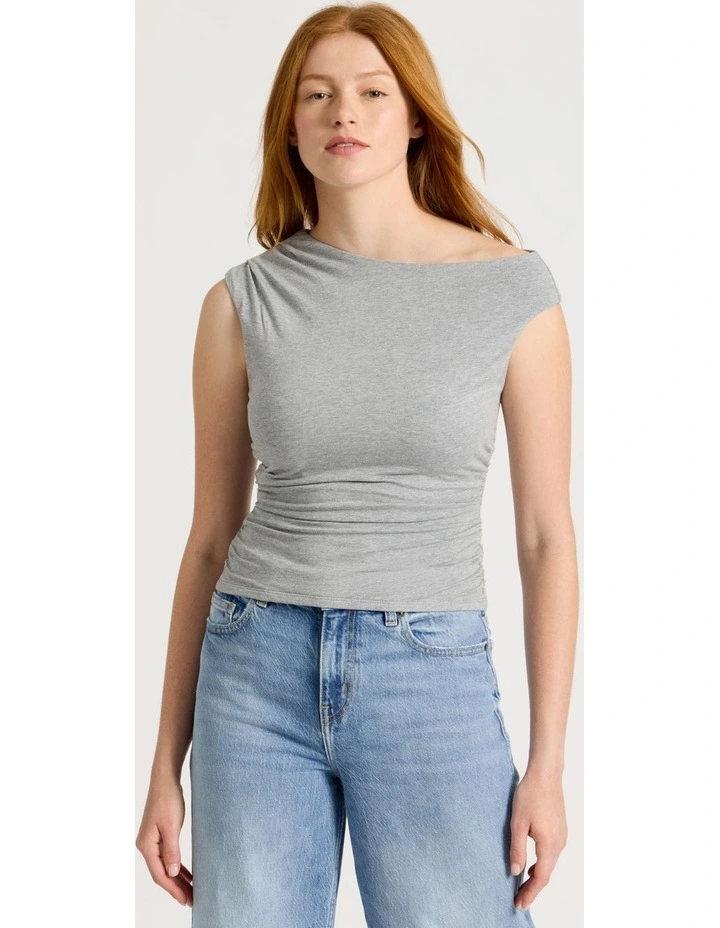 Asymmetrical Off The Shoulder Tank in Charcoal Marle image 2