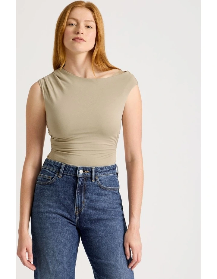Asymmetrical Off The Shoulder Tank in Oxford Tan image 2