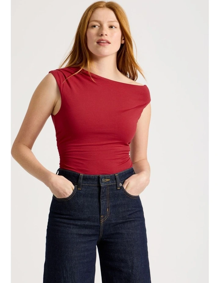 Asymmetrical Off The Shoulder Tank - Cherry Red image 4