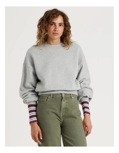 Pleated Back Crew Neck Sweat in Grey Marle