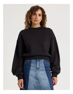 Pleated Back Crew Neck Sweat in Black
