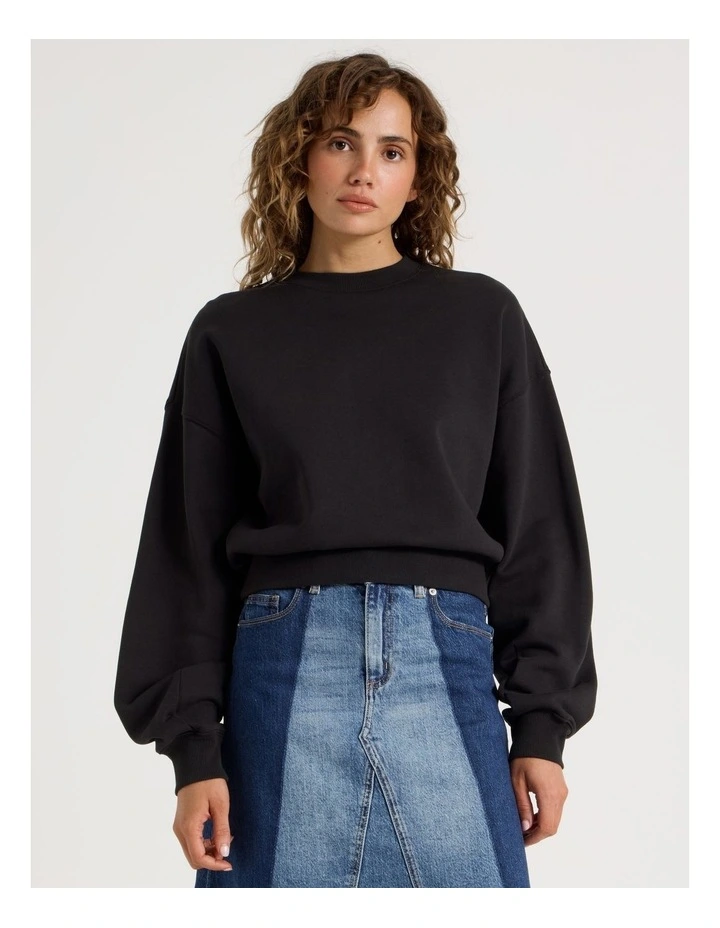 Pleated Back Crew Neck Sweat in Black image 1