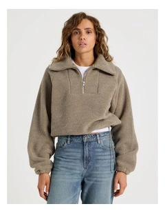 1/4 Zip Neck Sherpa Sweat In Roasted Cashew