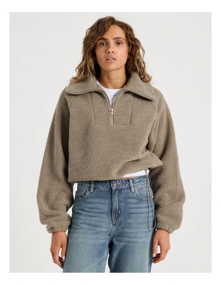 1/4 Zip Neck Sherpa Sweat In Roasted Cashew image 1