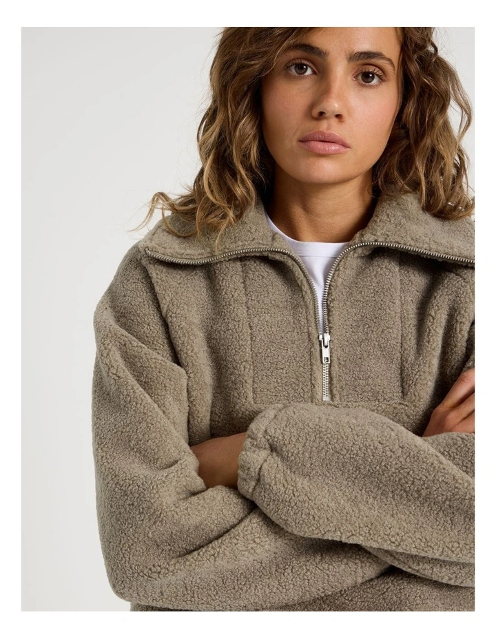 1/4 Zip Neck Sherpa Sweat In Roasted Cashew image 2