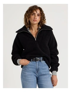 1/4 Zip Neck Sherpa Sweat in Black