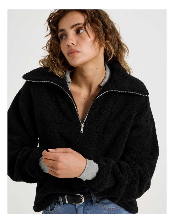 1/4 Zip Neck Sherpa Sweat in Black image 3