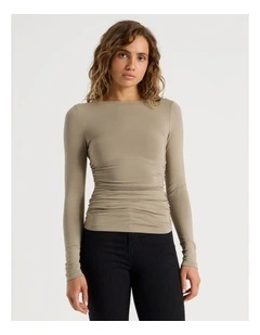 Gathered Boat Neck Long Sleeve In Roasted Cashew