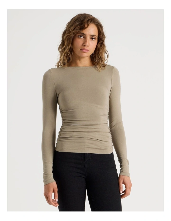 Gathered Boat Neck Long Sleeve In Roasted Cashew image 1