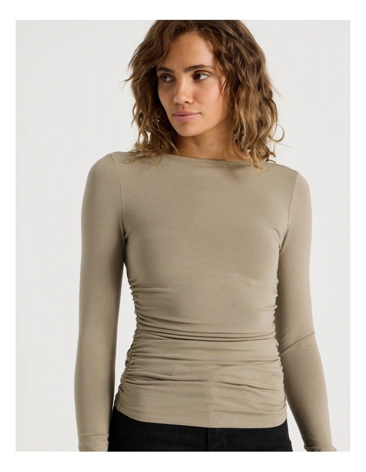 Gathered Boat Neck Long Sleeve In Roasted Cashew image 2
