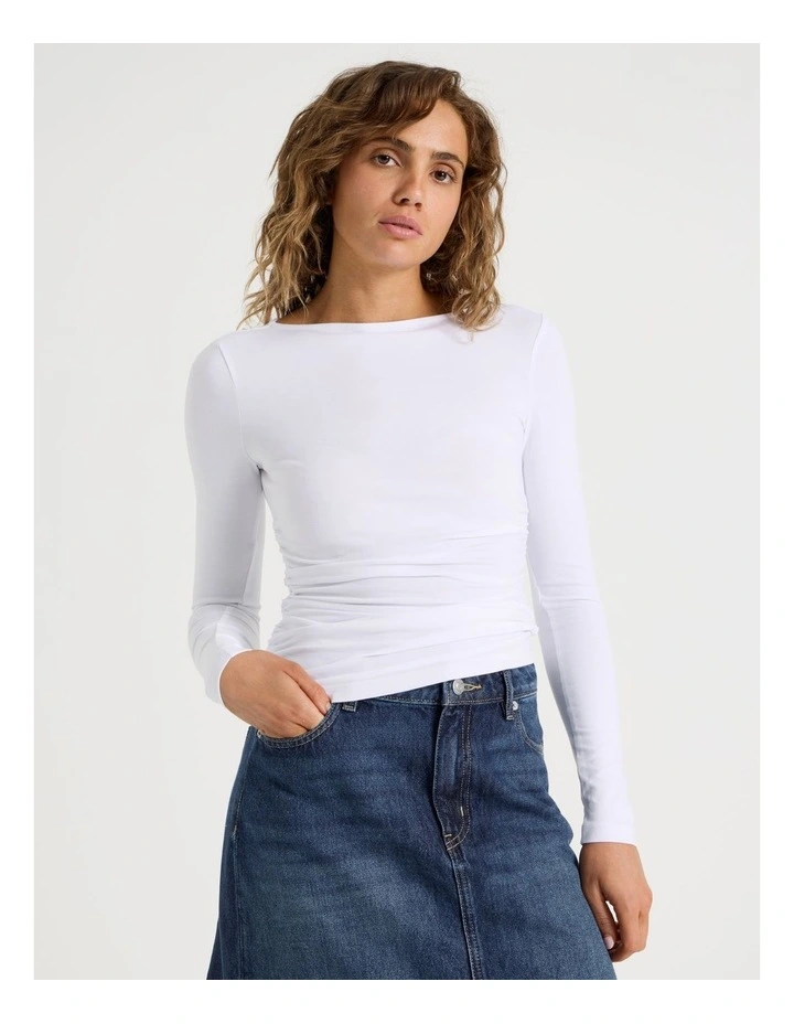 Gathered Boat Neck Long Sleeve In White image 1