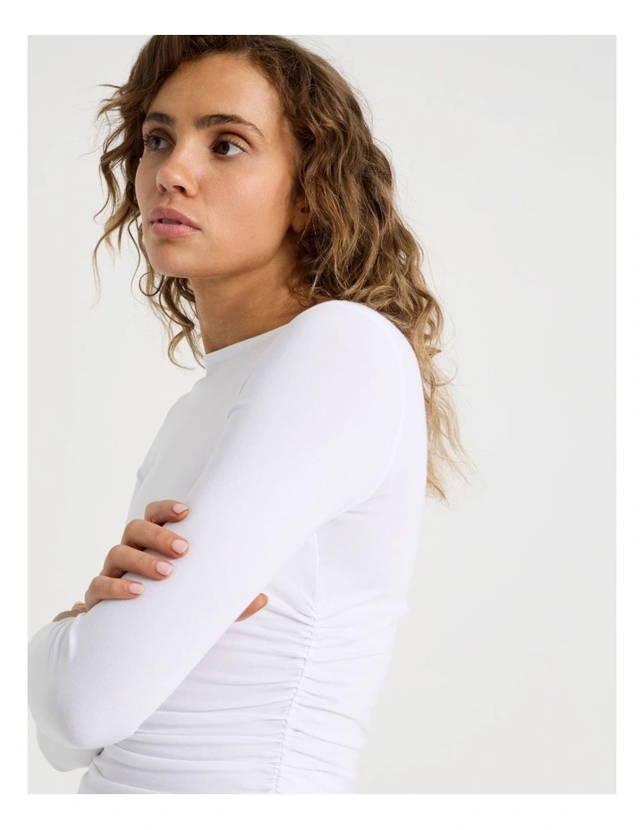 Gathered Boat Neck Long Sleeve In White image 2