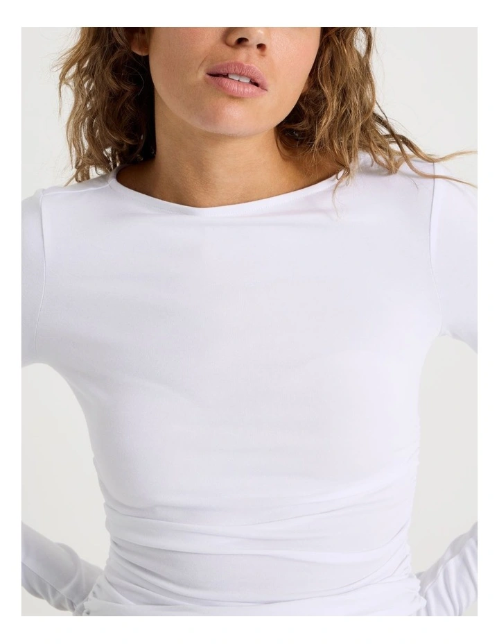 Gathered Boat Neck Long Sleeve In White image 4