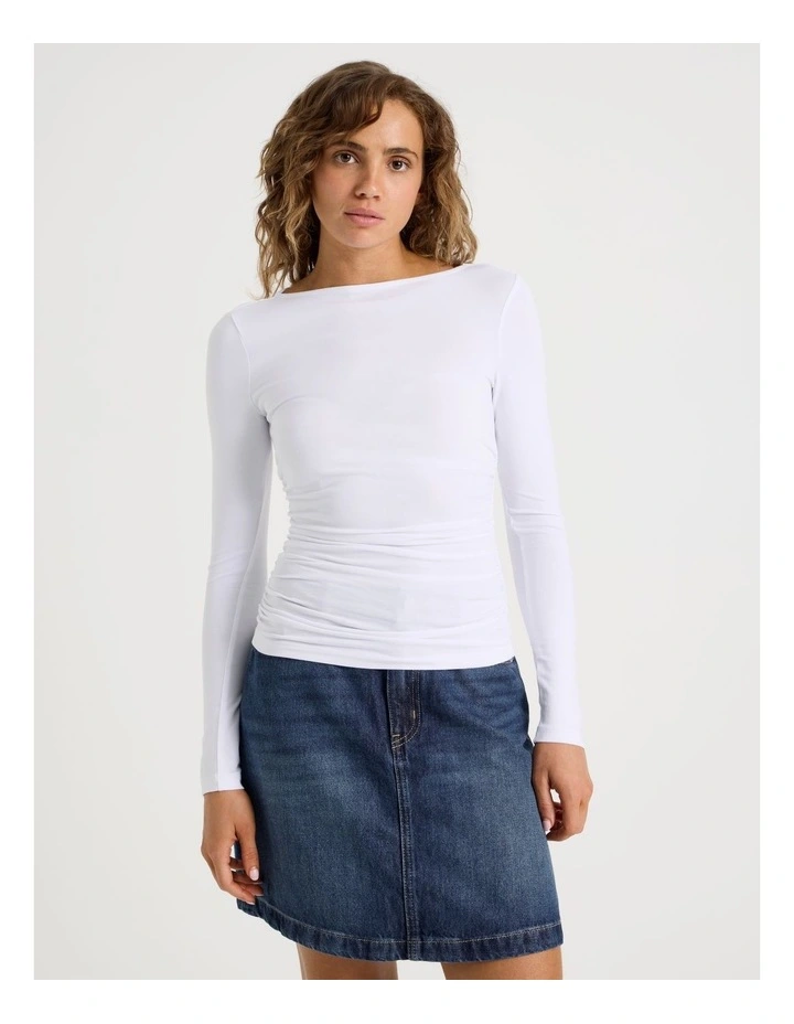 Gathered Boat Neck Long Sleeve In White image 5