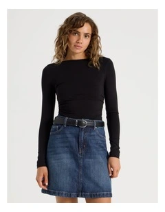 Gathered Boat Neck Long Sleeve in Black