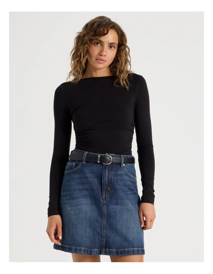 Gathered Boat Neck Long Sleeve in Black image 1