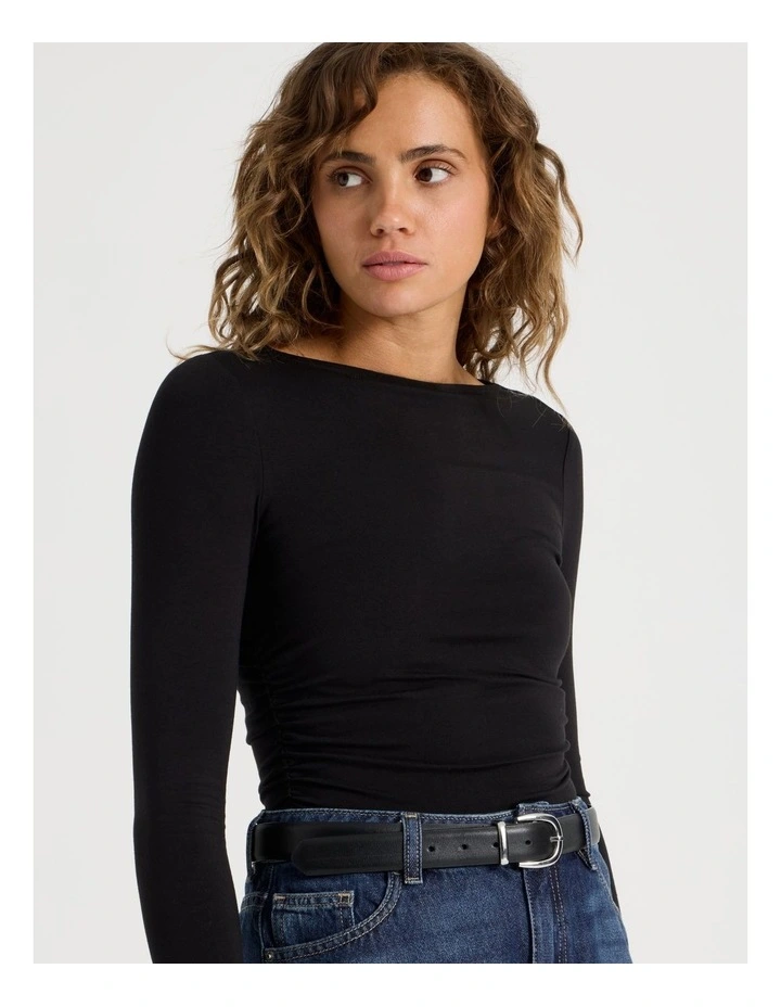 Gathered Boat Neck Long Sleeve in Black image 3