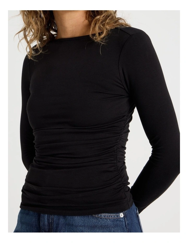 Gathered Boat Neck Long Sleeve in Black image 4