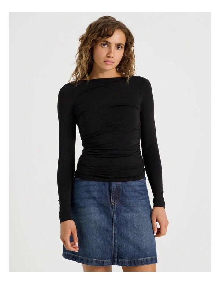 Gathered Boat Neck Long Sleeve in Black image 5