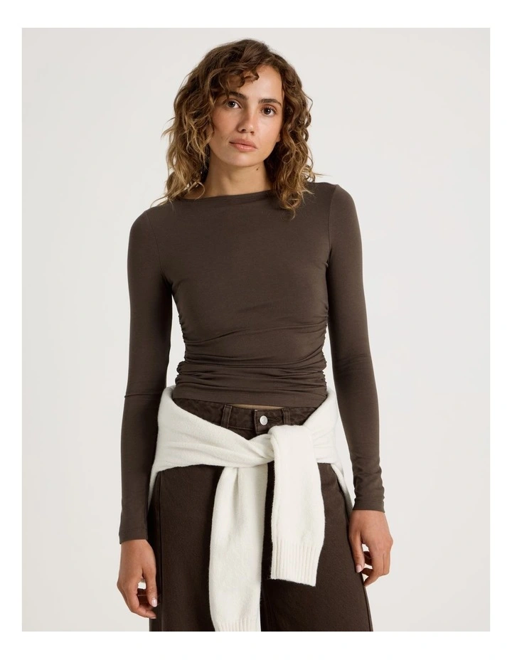 Gathered Boat Neck Long Sleeve Top in Shaved Choc image 1