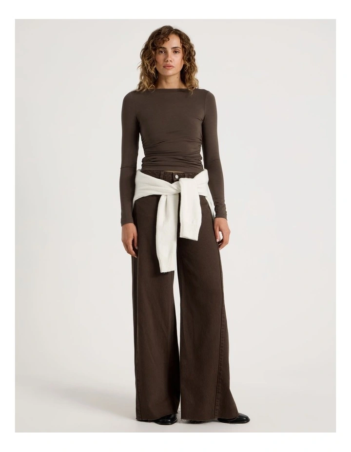 Gathered Boat Neck Long Sleeve Top in Shaved Choc image 2