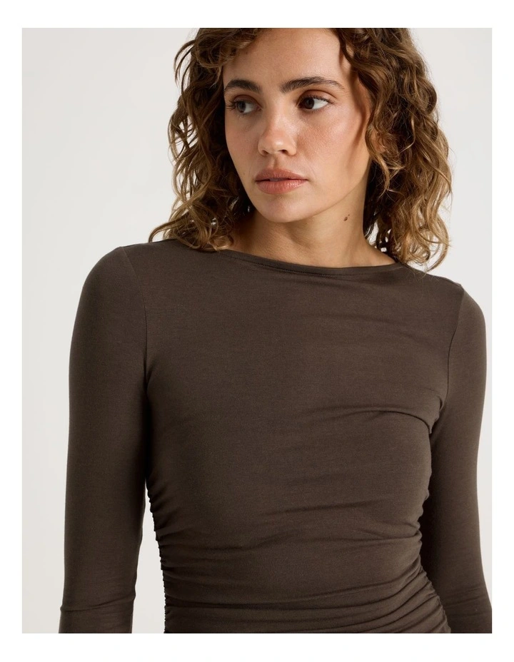 Gathered Boat Neck Long Sleeve Top in Shaved Choc image 3
